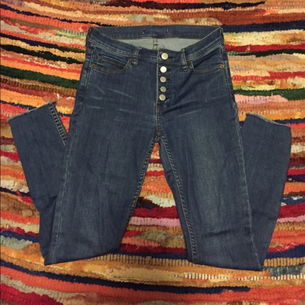 Free People High Waist Frayed Dark Skinny Jeans